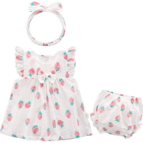 3pcs/ Sets Kids Girls Clothes Set Baby Girl Dress+ Bread Pants+ Headband Cherry Outfits Clothes