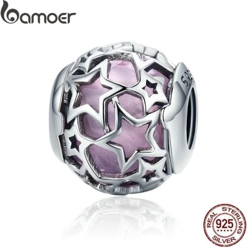 BAMOER BAMOER 100% 925 Sterling Silver Radiant Hearts, Opalescent Pink Crystal Beads Fit Charm Bracelets DIY Jewelry SCC510