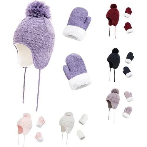 Winter Ear Muff Thick Mitten Childrens Cap Gloves Hat Glove Hats Sets Fashion Kids Warm Knitted Pompom Caps Gloves Beanies