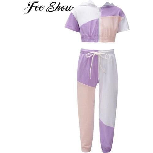 2Pcs Kids Girls Sport Suit Yoga Outfits Hooded Hoodie Short Sleeves Crop Tops and Pants Set For Girls Running Workout Sportswear