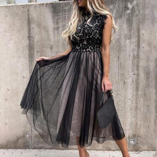 Elegant Mesh Patchwork Lady Party Dress Women Fashion Sleeveless Beach Dress Sexy Embroidery Lace Turtleneck Long Dress Vestidos