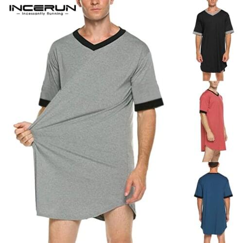 INCERUN Men Sleep Robes Nightgown Short Sleeve V Neck Loose Homewear Comfortable Patchwork Mens Bathrobes Dressing Gown S-5XL