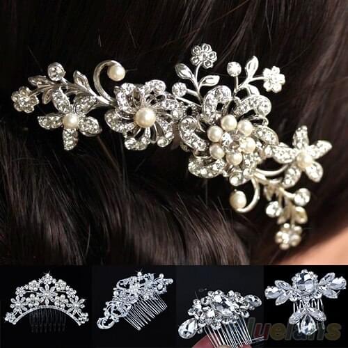 Hot Bridal Wedding Flower Crystal Rhinestones Pearls Women Hair Clip Comb Diamante 7FMY BDF6
