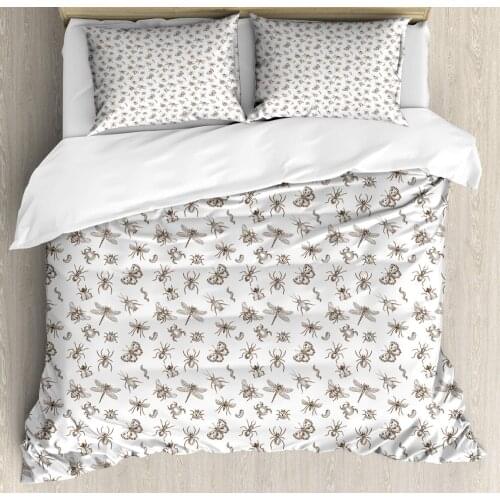 Insects Duvet Cover Set Repeating Pattern of Monochrome Various Entomological Creature Decorative 3 Piece Bedding Set