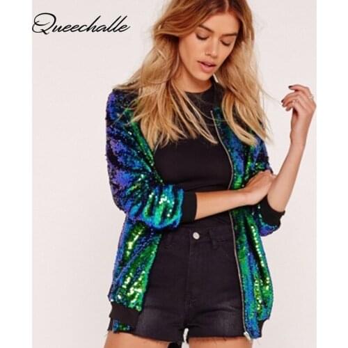 Queechalle 4 Colors Womens Jacket Coat Autumn Fashion Paillette Applique Basic Baseball Jacket Female Casual Loose Coats