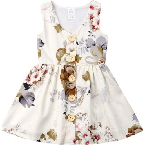 Boho Style Summer Toddler Baby Lovely Girls Floral Sleeveless Button Dress Princess Party Tutu Dresses Holiday Sundress Clothing
