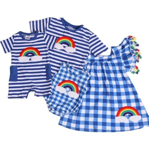 Girlymax Summer Baby Girls Dress Romper Plaid Rainbow Children Clothes Boutique Cotton Milk Silk Knee Length Ruffles Gingham