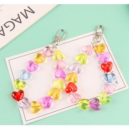 Fashion Heart Acrylic Keychain Cute Color Acrylic Heart Bead Bracelet Keyring Accessories Couple Bag Key Holder Decoration