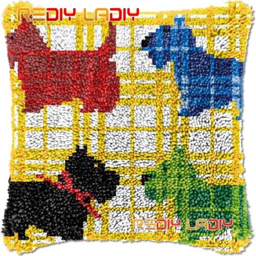 Latch Hook Cushion Four Puppies DIY Needlepoint Kits Chunky Acrylic Yarn Arts Crocheting Lofty Pillow Case Hobby & Crafts