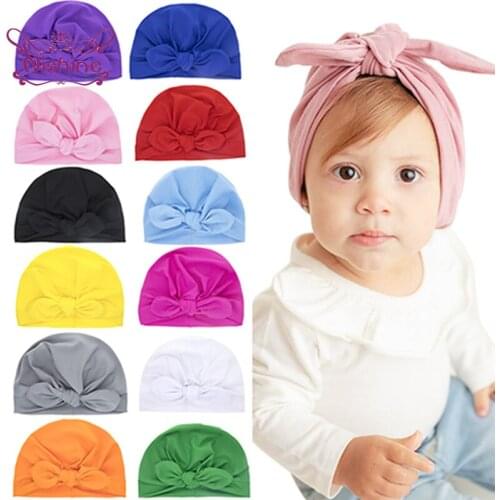 Nishine Lovely Bunny Ears Elastic Infant Hats Solid Color Handmade Knotted Baby Girls Caps Clothing Ornaments Photography Props