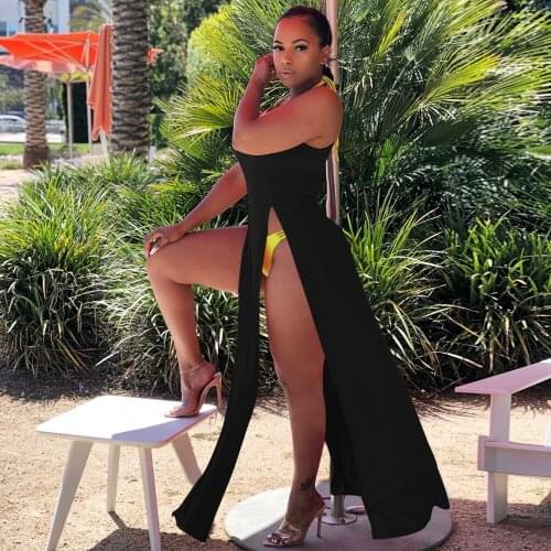 2021 Summer New Plus Size Ladies Fashion Sexy Slit Solid Color Dress