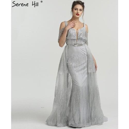 2020 New Design Silver Glitter Mermaid Evening Dresses Cut Strap Real Picture Formal Dress Party Gown Robe De Soiree BLA6589