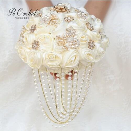 PEORCHID Customized Cream White/Red Bridal Bouquet Pearls Brooch Satin Rose Flowers Wedding Hand Bouquet For Brides
