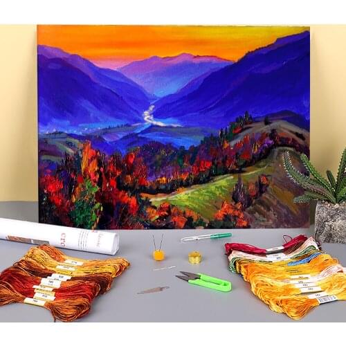 Landscape Sunset Printed Fabric 11CT Cross-Stitch Full Kit Embroidery DMC Threads Handmade Painting Knitting Sewing Decor