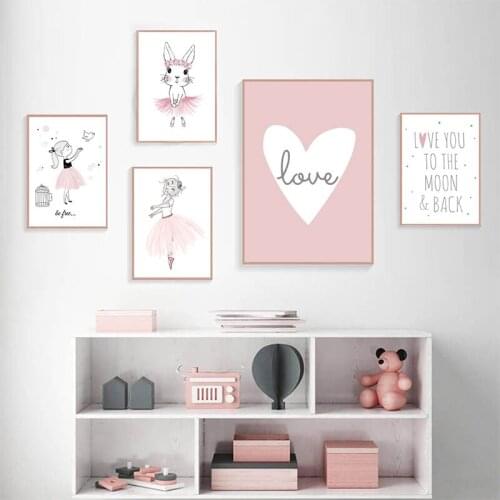 Kids Room Poster Pink Rabbit Children Poster Baby Room Decor Nursery Wall Art Canvas Painting Prints Ballet Girl Bedroom Picture
