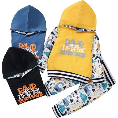 Infant Baby Boy Casual Two-piece Clothes Set, Printed Pattern Hooded Pullover and Elastic Waist Pants, Black/ Blue/ Ginger 6M-4T
