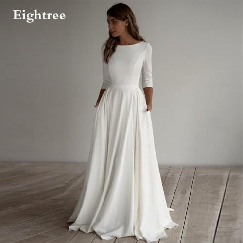 Simple A-Line Beach Long Sleeves Wedding Dresses With Pockets Crepe Boat Neck Boho Bridal Gowns Plus Size Mariage Dress Robes