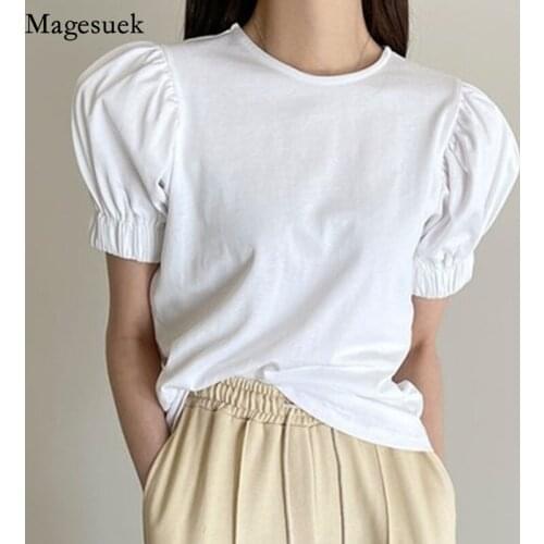 Puff Short Sleeve Cotton Woman Shirts Summer 2021 O Neck Casual White Blouse Women Clothing Solid Loose Tops Female Blusas 13700