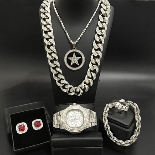 Luxury Men Silver Color Watch& Neckalce & Ring & Earrings Combo Set Ice Out Cuban Crystal Miami Neckalce Chain Hip Hop For Men