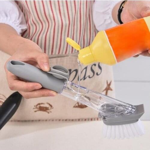 2 In1 Kitchen Cleaning Brush Removable Brush Dish Washing Tool Automatic Liquid Dispenser Long Handle Cleaning Gadget