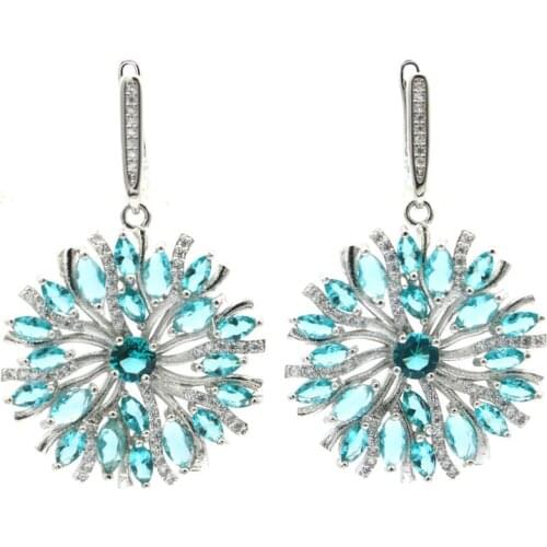 55x26mm Big European Design 13g Created Rhodolite Garnet London Blue Topaz CZ For Women Dating Silver Earrings Eye Catching