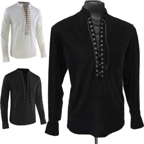 Medieval costume Viking Pirate Top Shirt Costume Renaissance Adult Mens Nordic Retro T-shirt Cosplay Tee Lace-Up