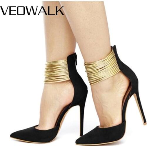 Veowalk Women Black Flock Pointed Toe D'Orsay Stiletto Pumps with Ankle Bracelet Elegant Ladies Party High Heel Shoes Size 44 45
