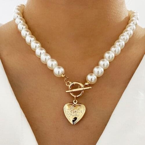 Vintage Wedding Pearl Choker Necklace For Women Geometric Heart Coin Lock Couple Pendants Necklaces Jewelry collier de perles
