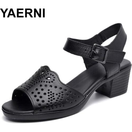 YAERNI 2020 newest summer fashion sandals fish mouth hollow genuine leather sandals elegant temperament high heel sandals women