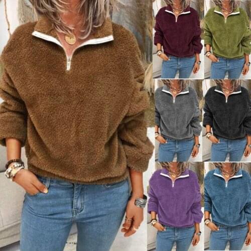 Women Fleece Sweatshirt Pullovers Elegant Turn-Collar Zipped Hoodies Tops Casual Solid Long Sleeves Oversized Winter