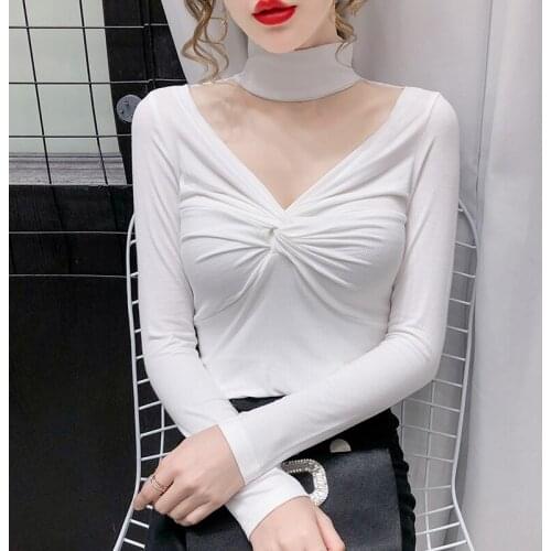 WWENN 2021 Tshirt Sexy White Long Sleeve Tops Tees Fashion Casual T Shirt Black Spring Autumn Ladies Solid Tops Tee Shirt Femme