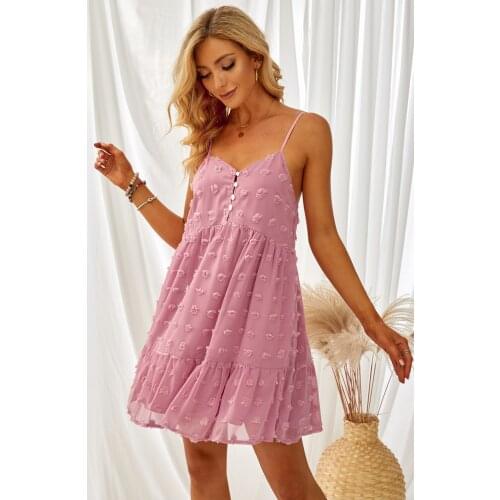 Pink Polka Dot Texture Slip Mini Dress for Women Summer Sexy V Neck Sleeveless Beach Sundress Dress