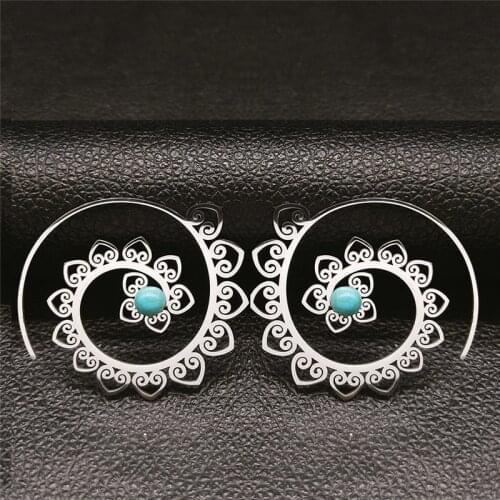 India Flower Stainless Steel Stone Circle Earrings Women Silver Color Boho Round Earrings Jewelry pendientes acero E9203S04