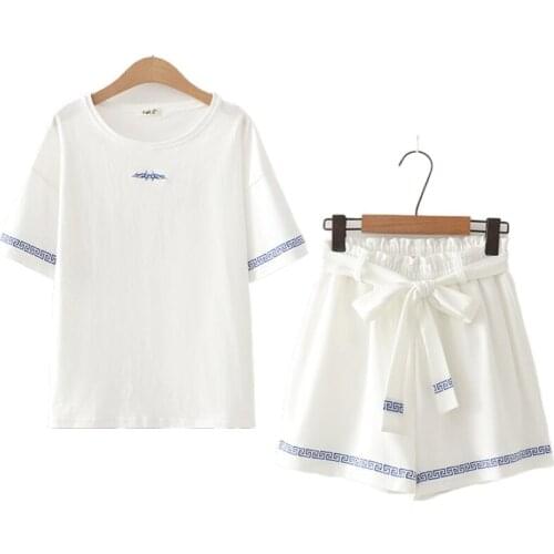 Women Summer Sets Two Piece Set 2021 Embroidery Short Sleeve T Shirt And Harakuju Embroidery Hight Waist Mini Shorts With Sashes