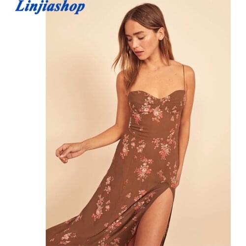 Summer women long dress casual chiffon sexy floral print speghetti straps sleeveless beach sheath split dresses