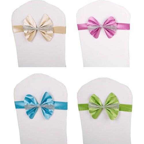 100pcs/lot Sweety Bow Crystal Chair Sash Wedding Chair Decoration Stretch Chair Cover Band