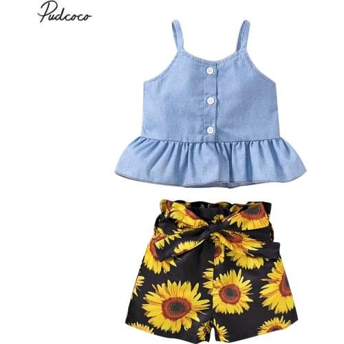2020 Baby Summer Clothing Kid Baby Girl Floral Outfit Clothes Halter Tops Dress Shirt +Sunflower Shorts 2PCS Set
