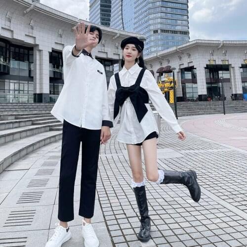 【 9605】Lovers dress retro design sense small korean-version shirt vest two sets couples clothes couples clothing