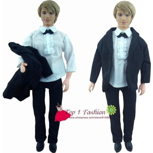 Free shipping 1 sets handmade clothes black bride suit with white shirt and pants for barbie boy firend for barbie doll ken