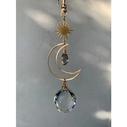 Sparkling Outdoor Indoor Crystal Prism Moon Suncatcher Wall Hanging Ornaments Celestial Bedroom Window Decor Wind Chime Boho Dec