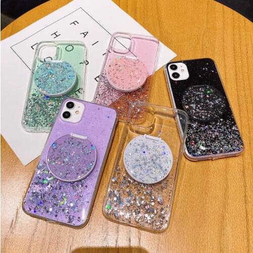 Glitter Silicone Mirror Stand Case For Realme 7 7i X7 C7 C12 OPPO A15 F17 A93 A73 F15 F5 F3 K5 K3 K1 Plus Find X2 Pro Lite Cover