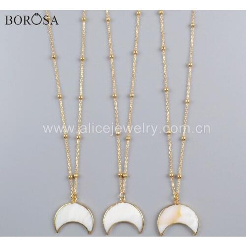 BOROSA 5/10PCS Natural White Shell Necklace Copper Link Chains Moon Pendant for Ladies Daily Style G1726-N