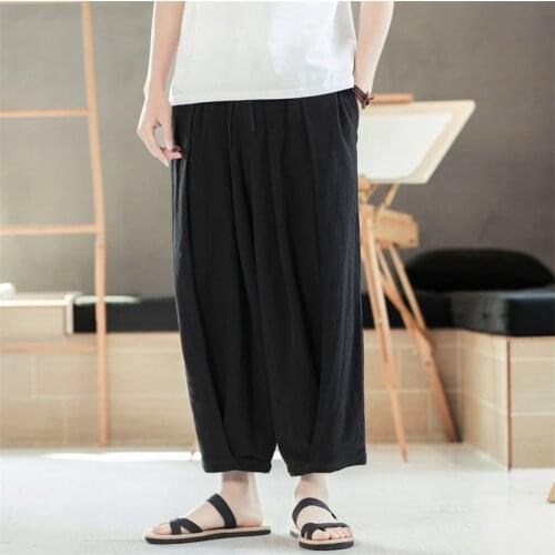2020 Summer Men‘s Cotton Linen Ankle-Length Trousers Plus Size Male Pants M-7XL Solid Drawstring Elastic Waist Wide leg Pants