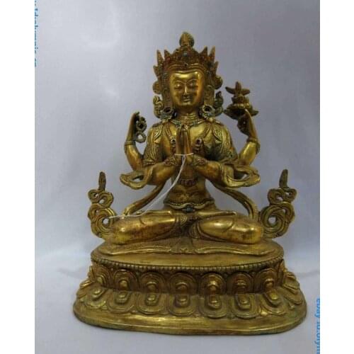 9" China Tibet bronze gild Buddhism Four arm Guanyin Kwan-yin buddha Statue