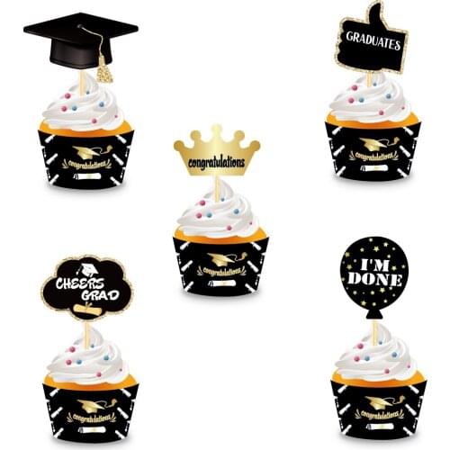 Black School Graduation Congrates Grad Cake Toppers Wrapper Happy Grade Party Decorations Graduation Cupcake Decorating Supplies