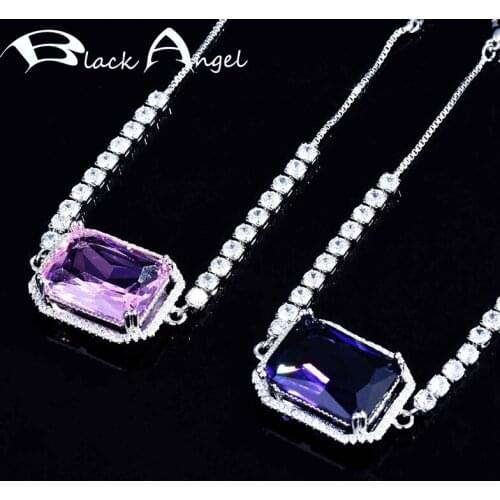 BLACK ANGEL Exquisite Pink Rectangle Gemstone Bracelet For Women Inlaid Purple Crystal White CZ 925 Silver Jewelry Wedding Gift