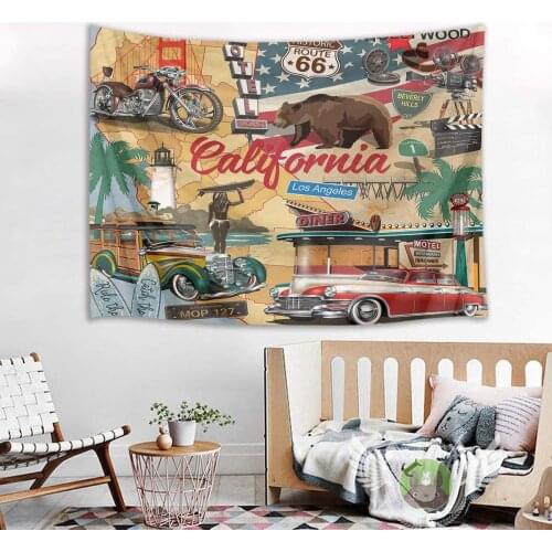 Vintage Car California Poster Tapestry, Route 66 Hollywood Wall Hanging