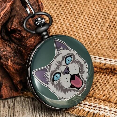Pocket Watch Boy Girl Cute Cat Head Green Flip Cover White Number Dial Thick Chain Small Clock Lovely Souvenir Harajuku Style