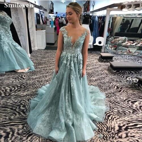 Smileven Illusion Neck Evening Dresses Appliqued Lace Vestido de festa longo Evening Gowns Party Dresses