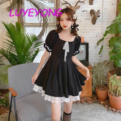 Summer Square Collar Women Harajuku Lace Sweet Plus Size Dresses Black Vintage Lady Mini Pleated Dress High Waist Street Cloth